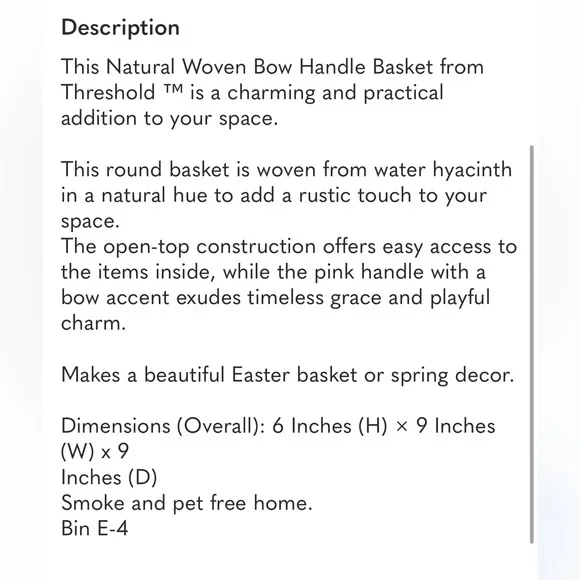 THRESHOLD NWT natural woven bow handle Easter basket -pink - Picture 4 of 5